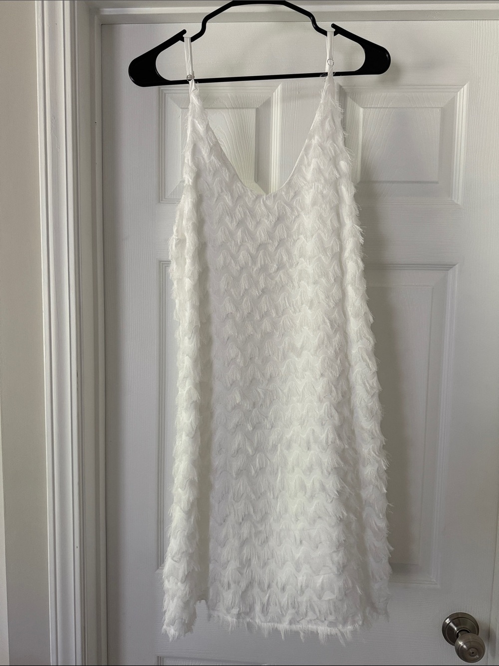 White Textured V-Neck Fringe Dress